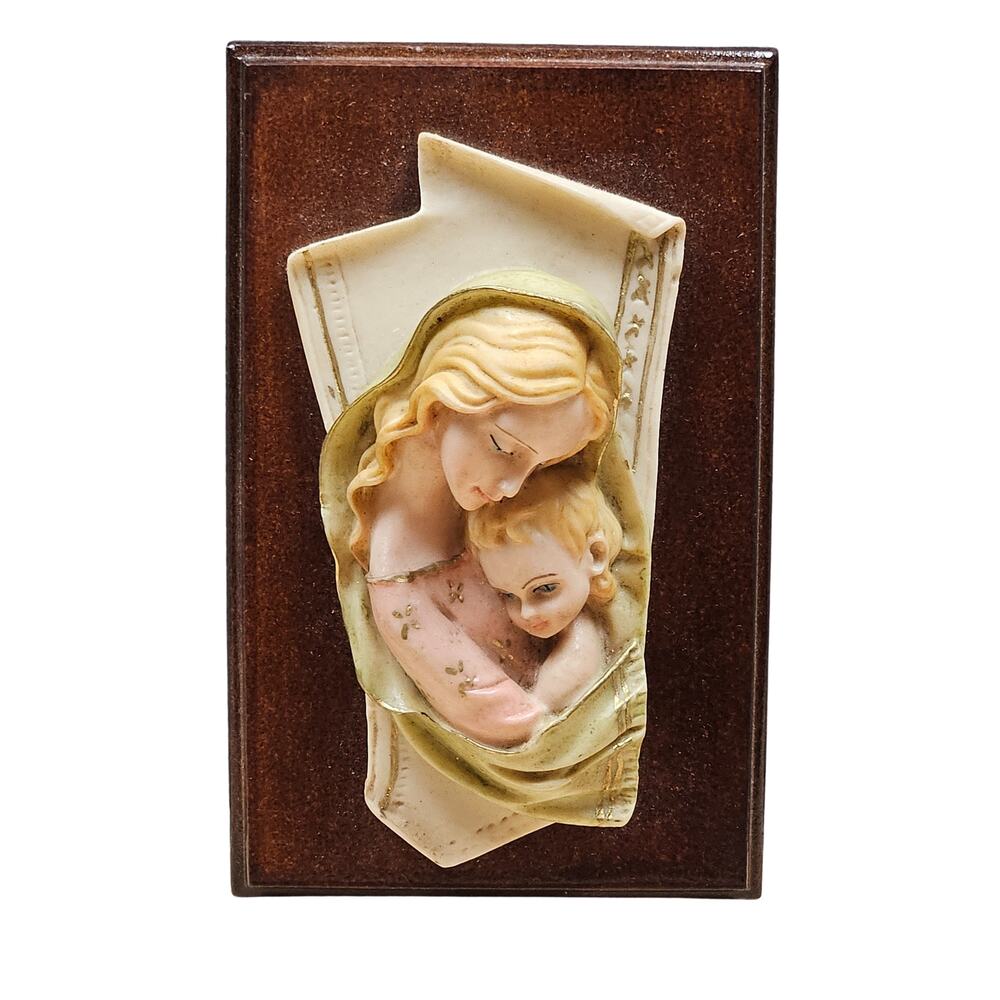 Vintage 1970s Madonna and Child Wall Hanging Mary and Jesus Hand painted